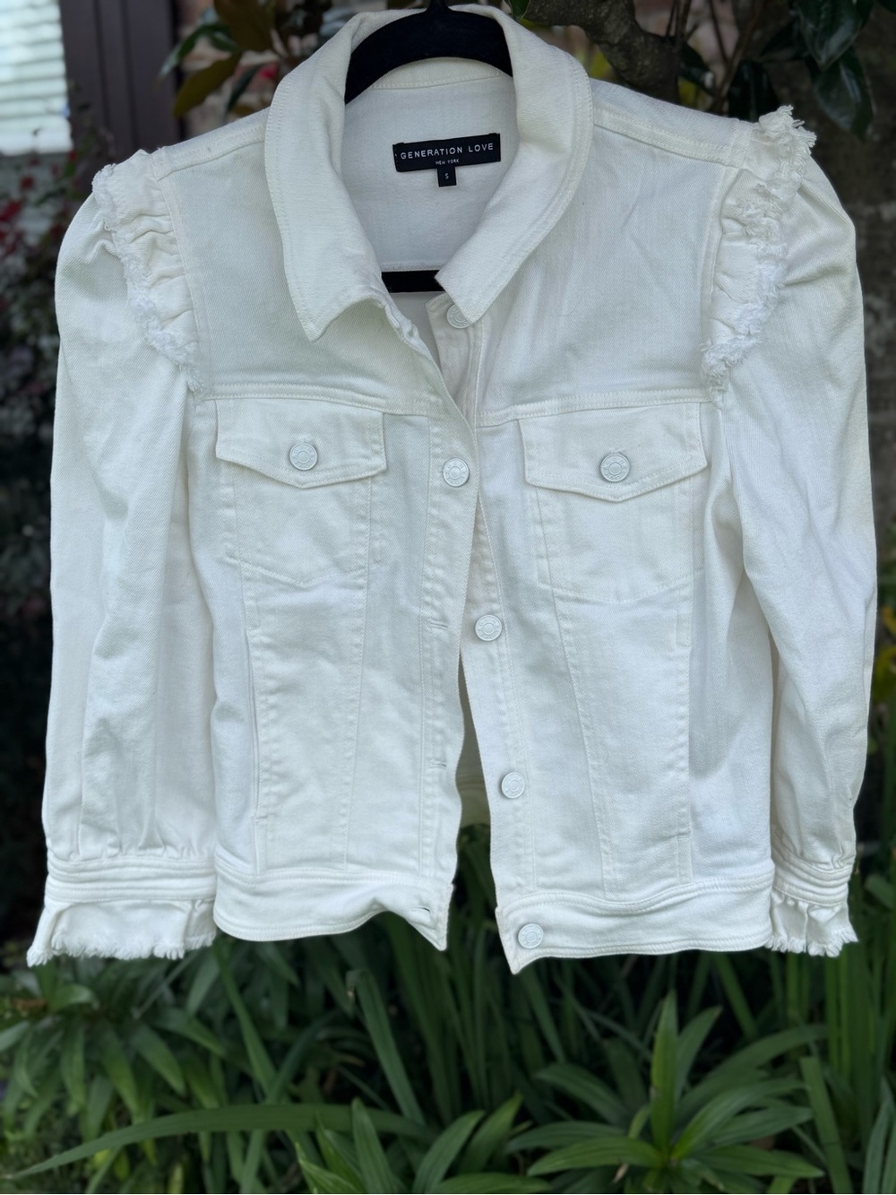 Generation Love Lexia White Puff Sleeve Denim Jacket Frayed Trim Size S